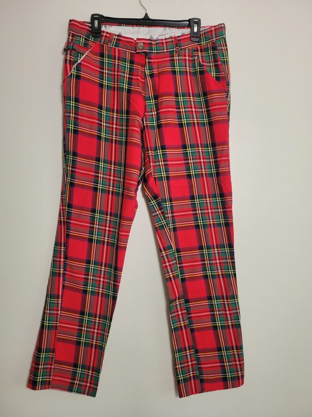Royal and Awesome Men`s Golf Pants Stewart Tartan Red Golf Pants Waist 34 - 30